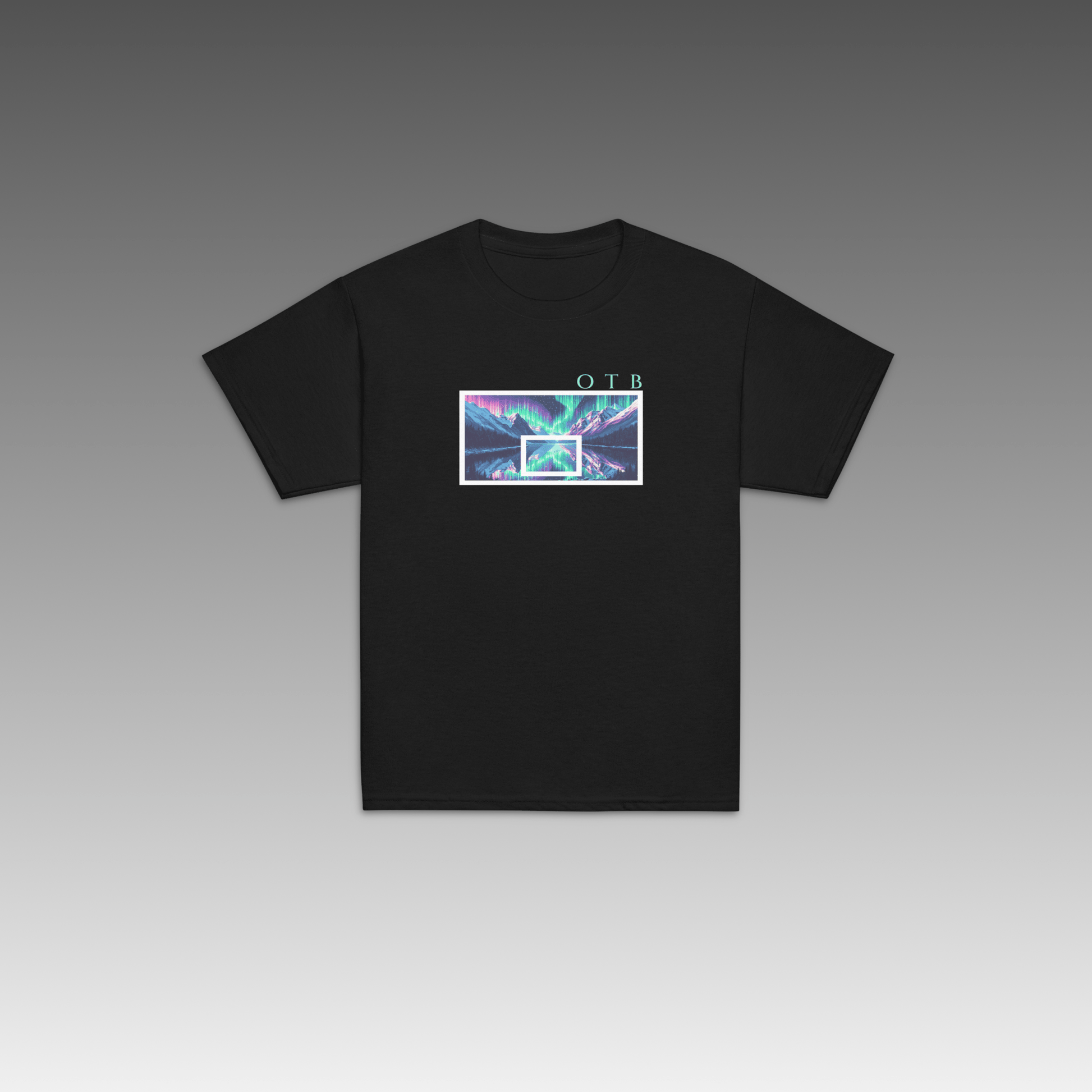 OTB Youth Tee in Northern Lights design - front view showcasing a black youth t-shirt with vibrant aurora borealis graphics and northern lights-inspired artwork, made with soft, comfortable fabric perfect for kids who love celestial phenomena and basketball