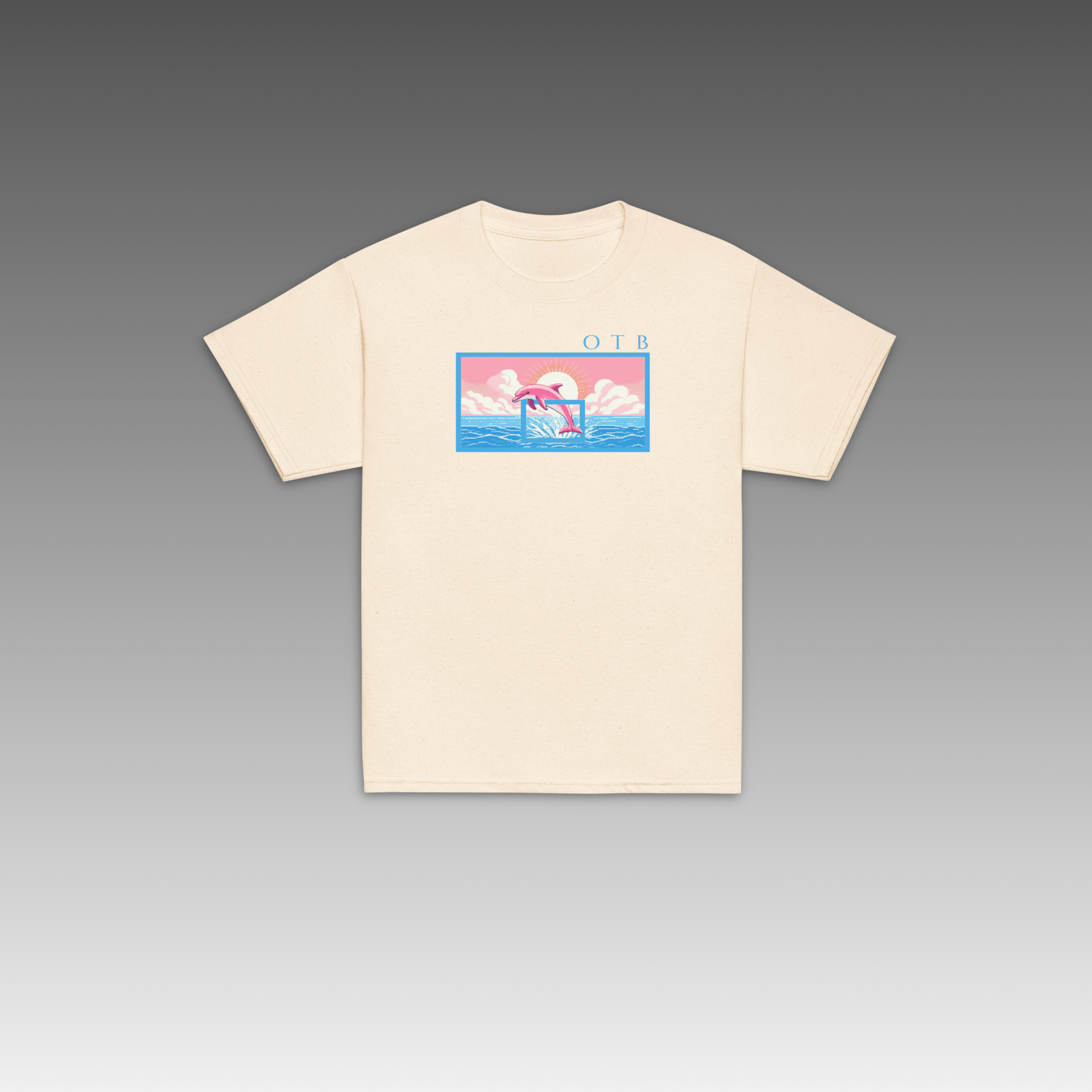 Beige t-shirt with a colorful graphic on a gray background