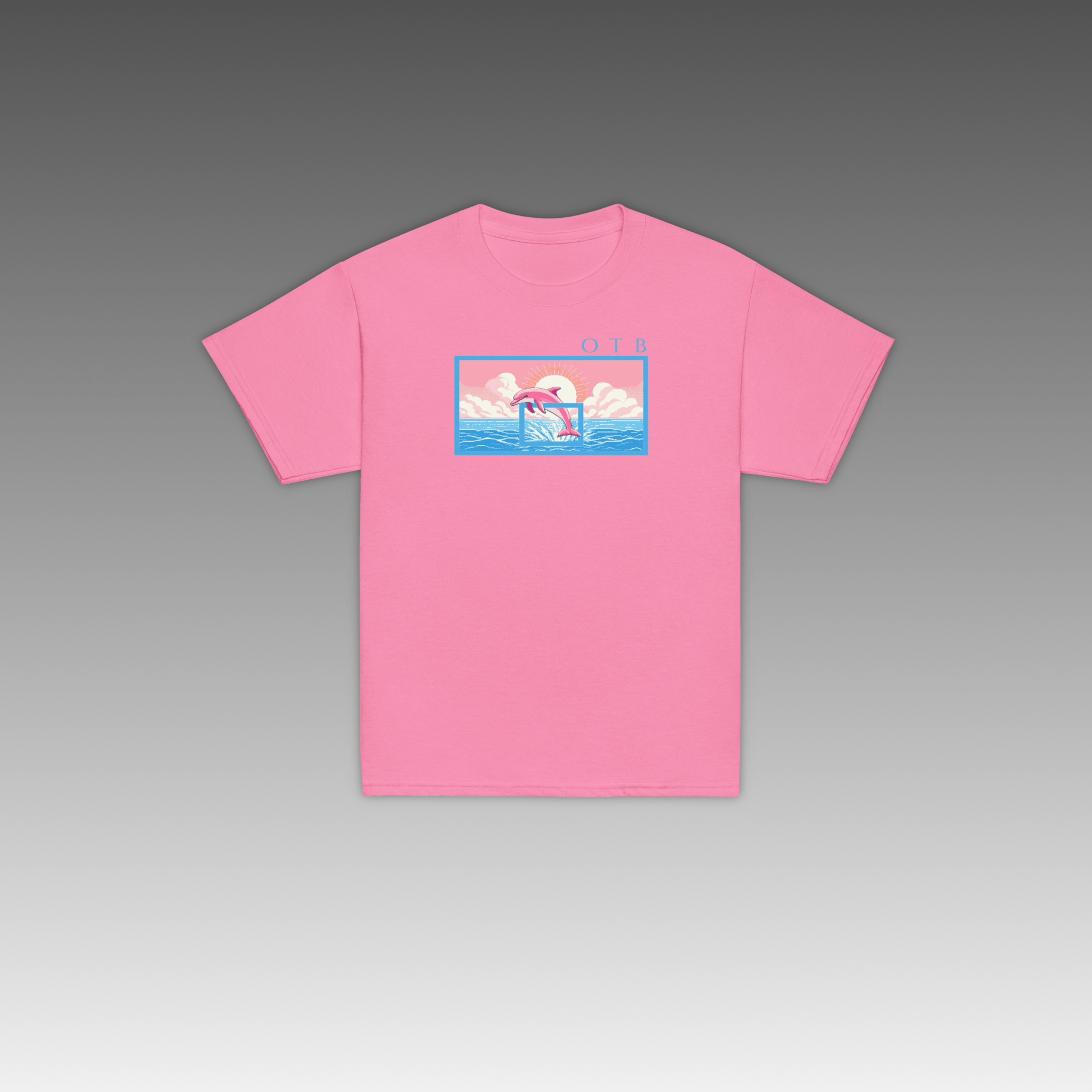 Pink t-shirt with a graphic design on a gray background