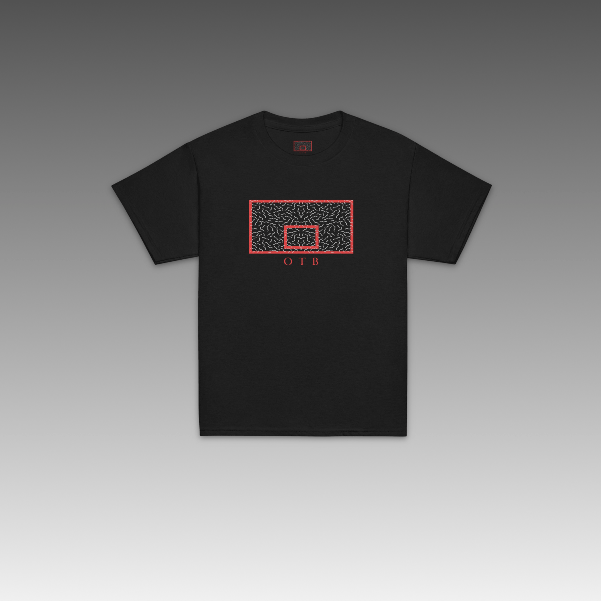 OTB Youth Tee in Red 90s Squiggle design - back view displaying the energetic 90s-inspired squiggle pattern on bright red fabric, highlighting the quality construction and comfortable fit for active children