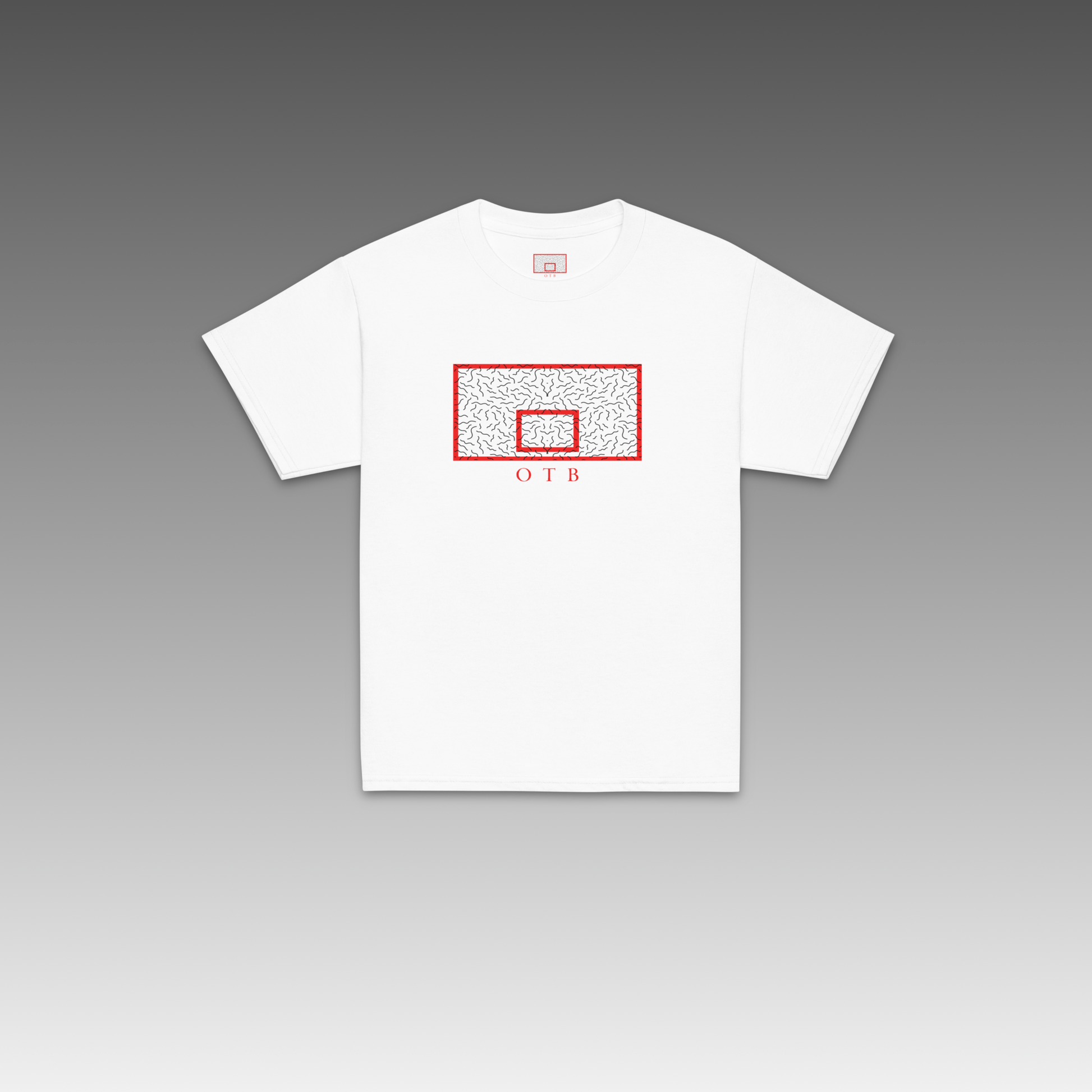 OTB Youth Tee in Red 90s Squiggle design - front view showcasing vibrant red t-shirt with playful 90s-inspired squiggle pattern, made with soft, comfortable fabric perfect for basketball-loving kids