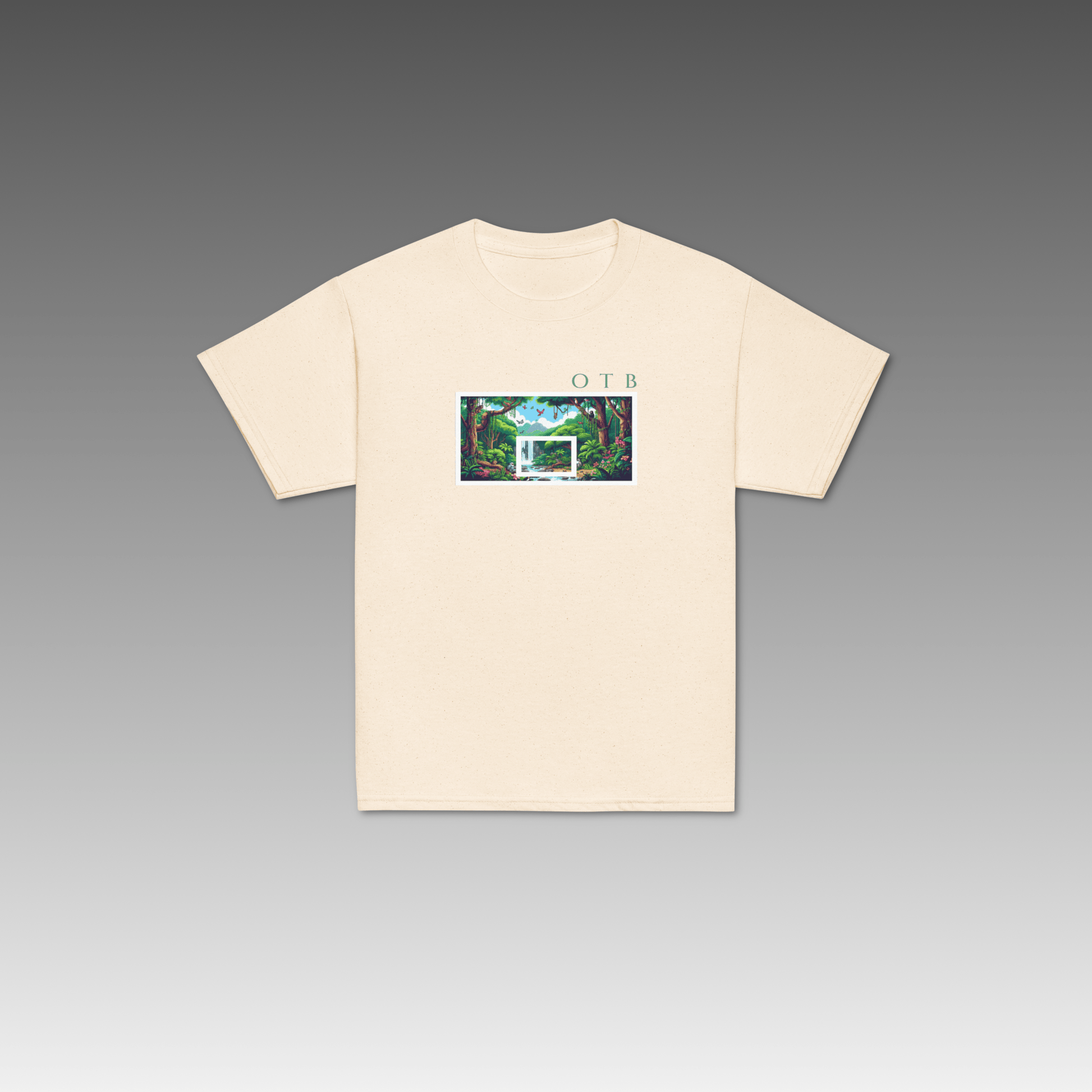 OTB Youth Tee in Retro Rainforest design - front view showcasing an off-white youth t-shirt with vintage-inspired rainforest graphics and retro jungle artwork, made with soft, comfortable fabric perfect for kids who love nature and basketball