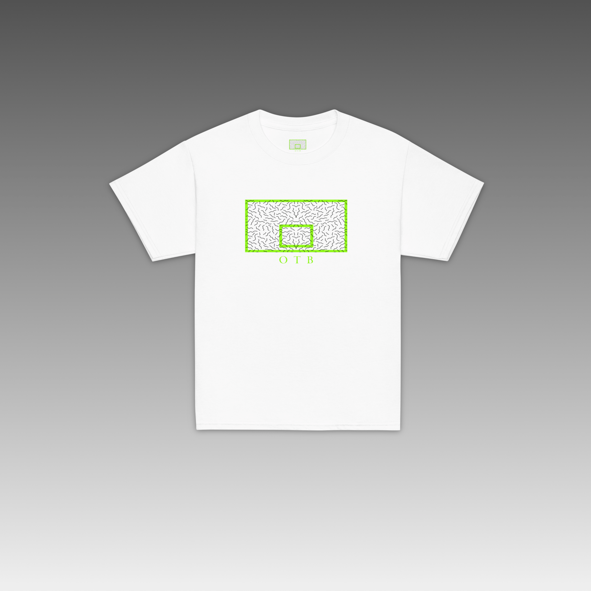 OTB Youth Tee in Slime Green 90s Squiggle design - front view showcasing bright green t-shirt with playful 90s-inspired squiggle pattern, made with soft, comfortable fabric perfect for kids who love basketball