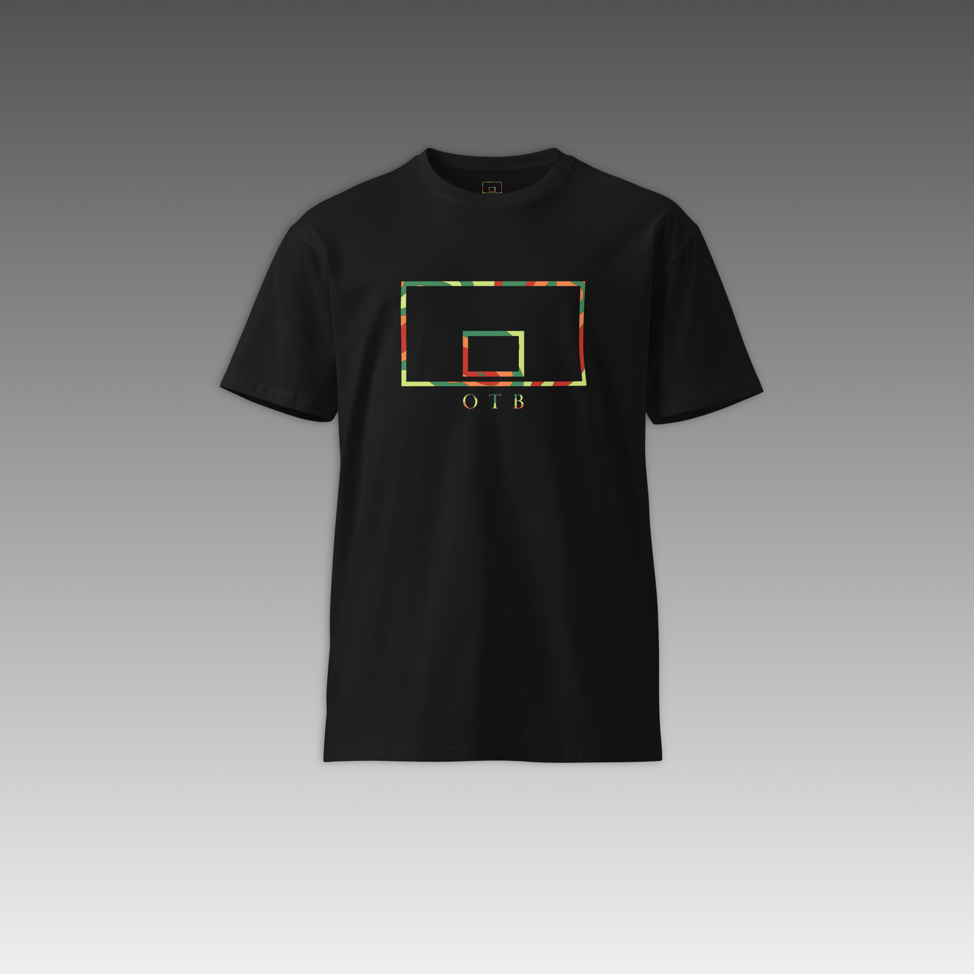 front of OTB weatherman Tee on a black shirt