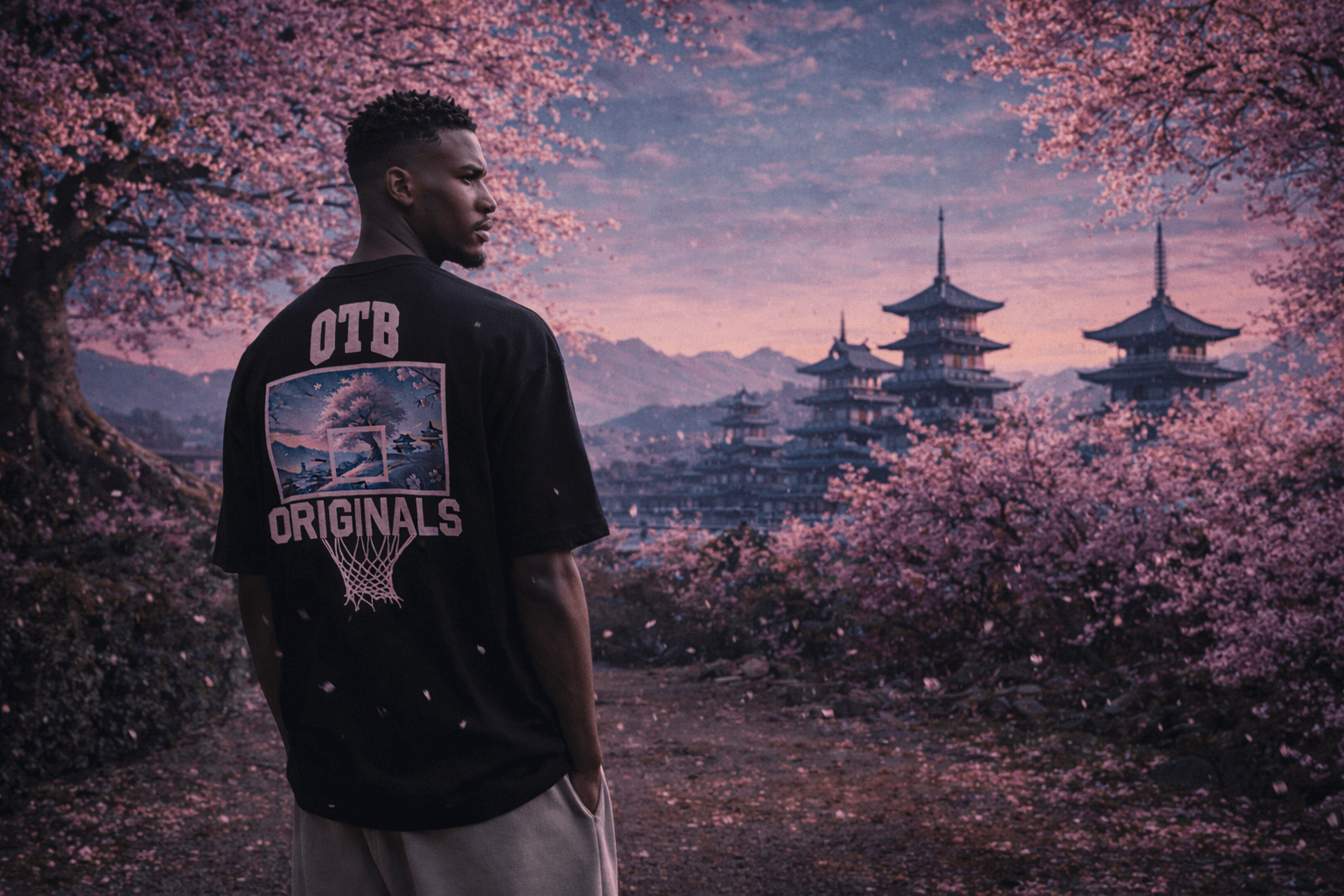 Person wearing a black 'OTB Originals' t-shirt in a cherry blossom garden with pagodas in the background