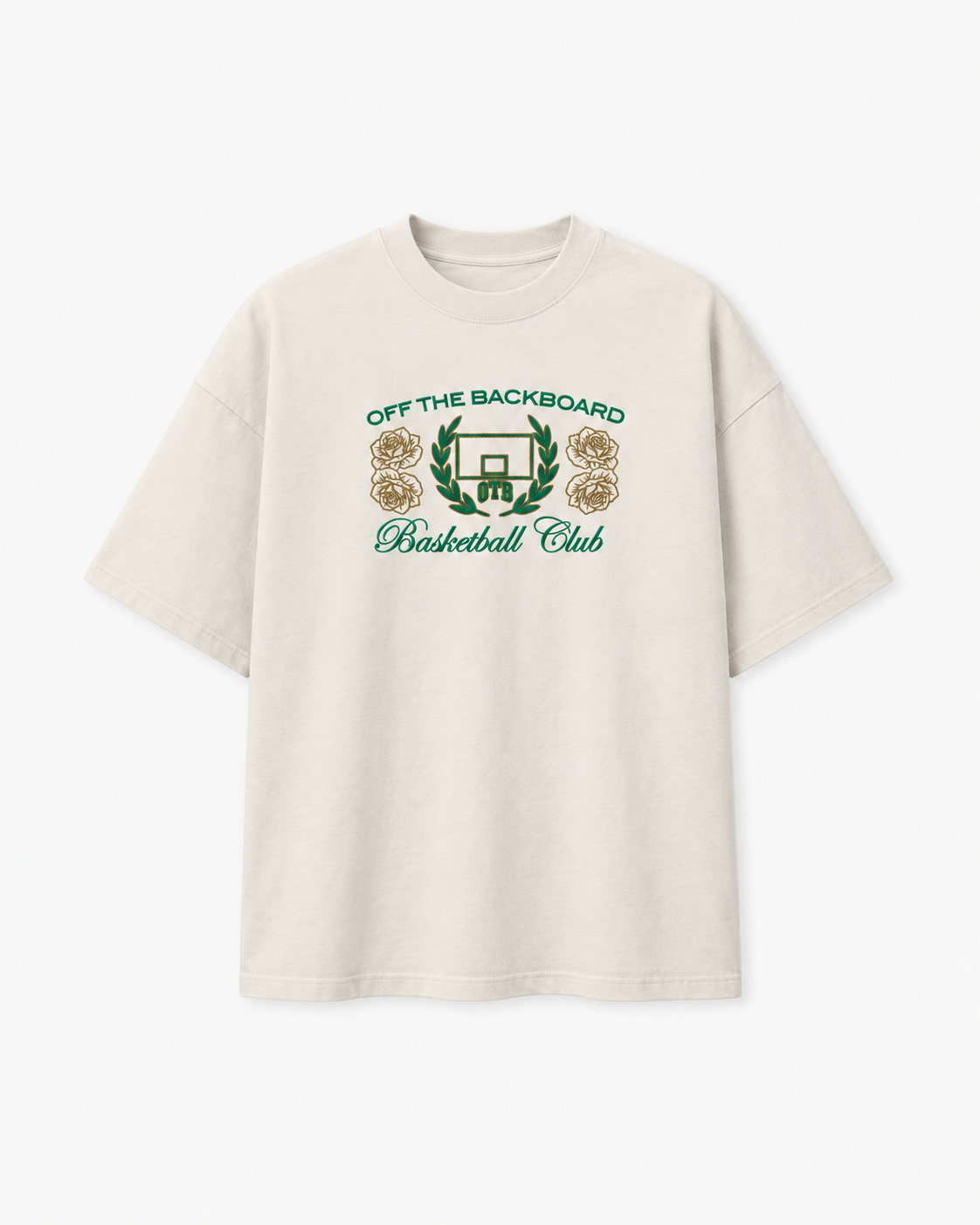 An off-white short-sleeve t-shirt with a green and gold graphic on the chest reading 'OFF THE BACKBOARD Basketball Club' with a basketball hoop and roses.