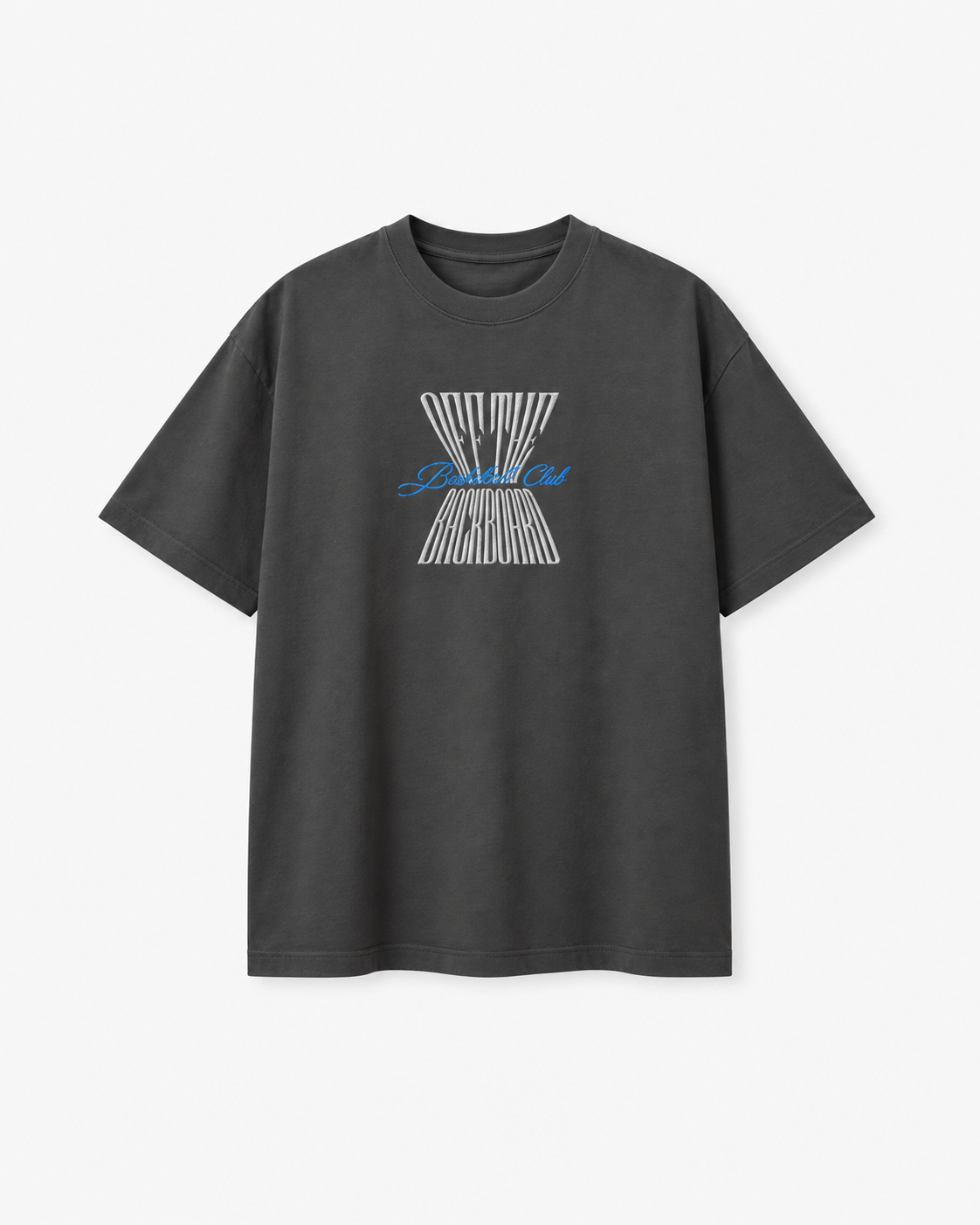 A dark gray crewneck t-shirt featuring a graphic print on the chest with white vertical lines forming an hourglass shape and a blue script logo overlay, displayed against a light gray background.