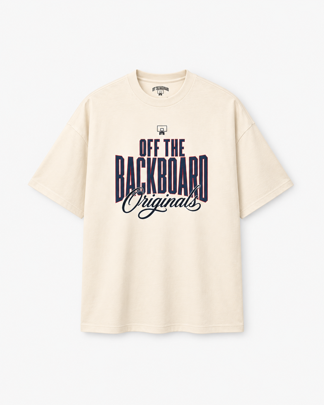 An oversized cream-colored t-shirt with a dark navy graphic print on the front reading 'OFF THE BACKBOARD Originals' and a small 'PFG' logo above it, displayed on a clean white background.