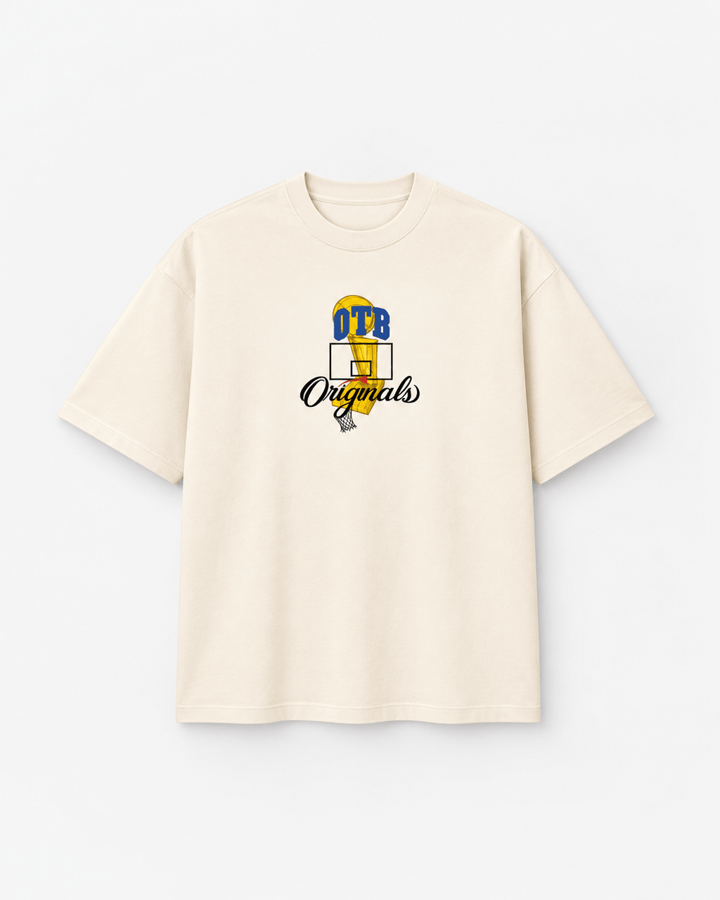Front of cream Champion Tee with a small OTB Originals basketball hoop and gold trophy graphic