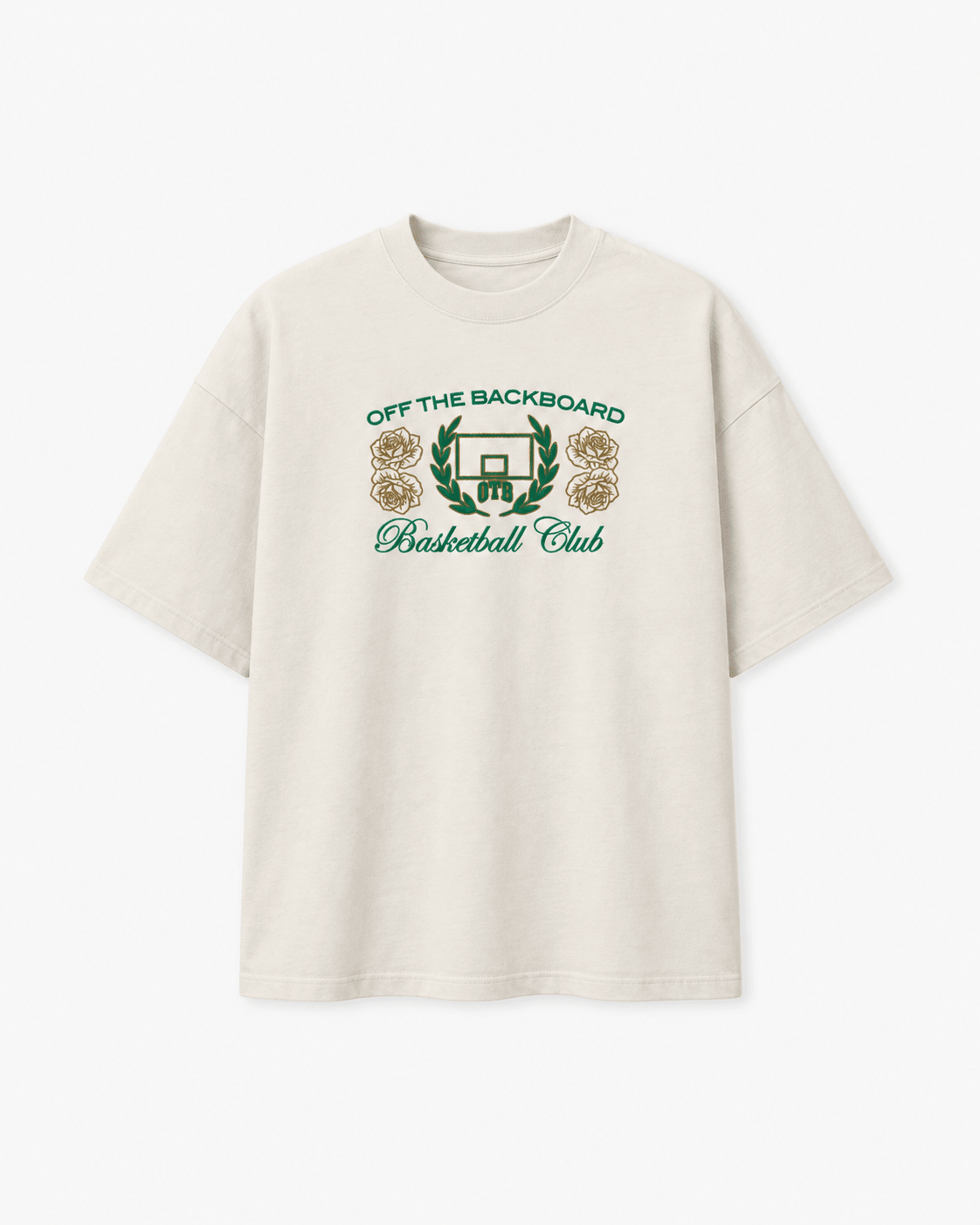 An off-white short-sleeve t-shirt with a green and gold graphic on the chest reading 'OFF THE BACKBOARD Basketball Club' with a basketball hoop and roses.
