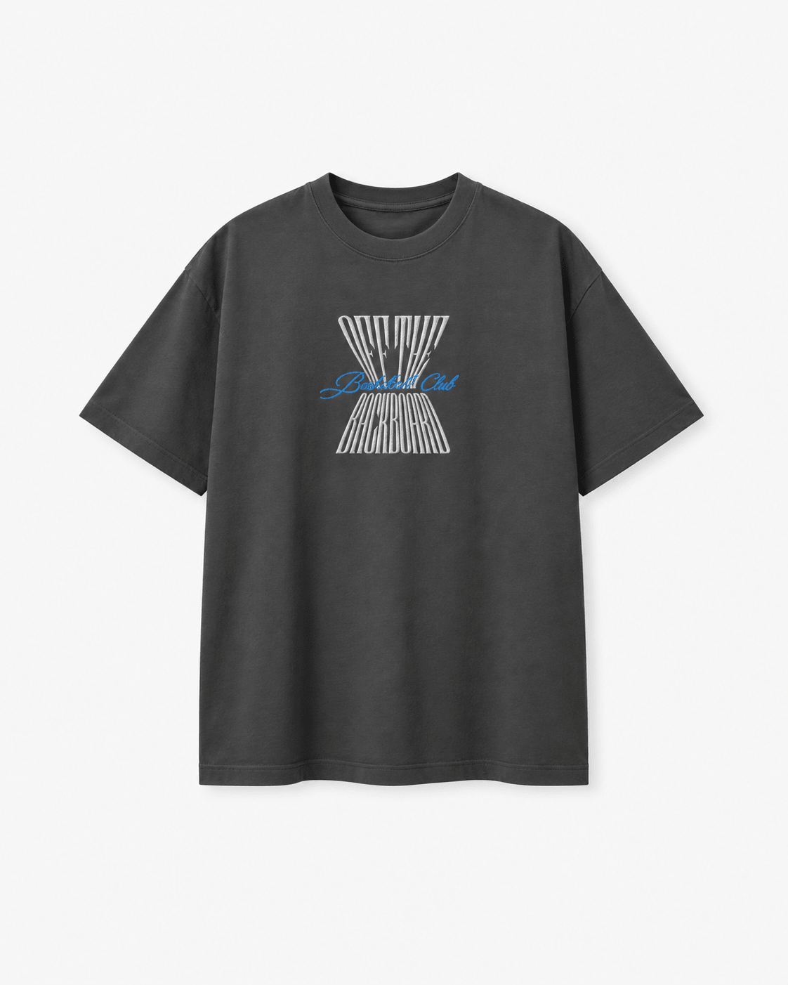 A dark gray crewneck t-shirt featuring a graphic print on the chest with white vertical lines forming an hourglass shape and a blue script logo overlay, displayed against a light gray background.