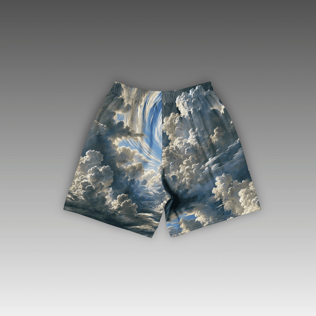 OTB Above The Clouds Basketball Shorts - back view displaying the ethereal cloud pattern on sky blue fabric, highlighting the quality construction, elastic waistband, and basketball-ready design