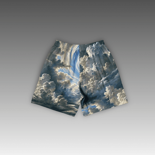 OTB Above The Clouds Basketball Shorts - back view displaying the ethereal cloud pattern on sky blue fabric, highlighting the quality construction, elastic waistband, and basketball-ready design