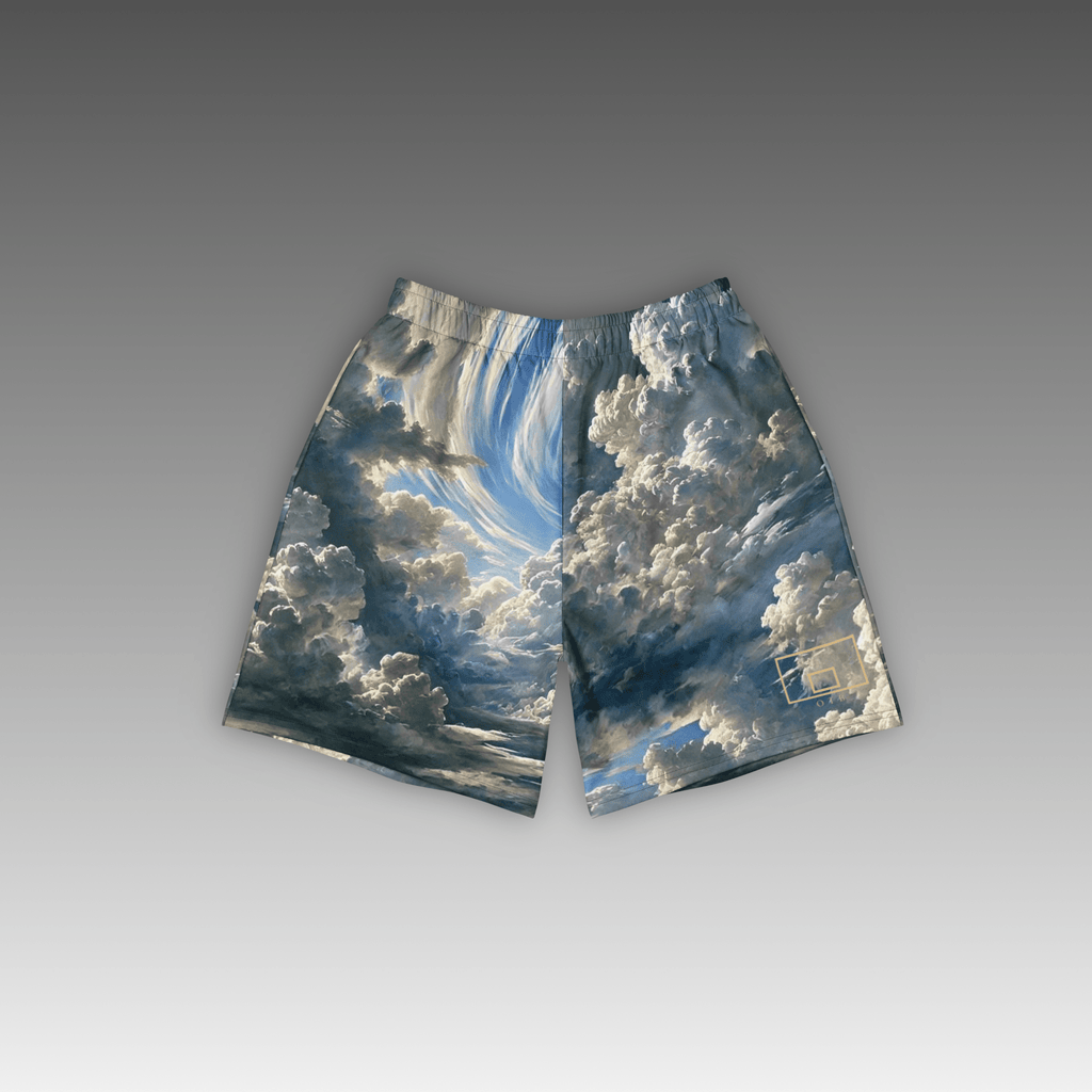 OTB Above The Clouds Basketball Shorts - front view showcasing light blue shorts with dreamy cloud pattern design, featuring lightweight performance fabric and comfortable athletic fit for basketball players