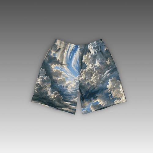 OTB Above The Clouds Basketball Shorts - front view showcasing light blue shorts with dreamy cloud pattern design, featuring lightweight performance fabric and comfortable athletic fit for basketball players