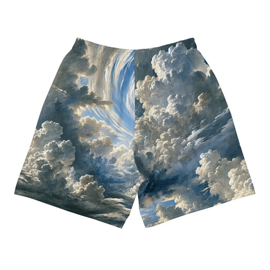 OTB Above The Clouds Basketball Shorts - back view displaying the ethereal cloud pattern on sky blue fabric, highlighting the quality construction, elastic waistband, and basketball-ready design