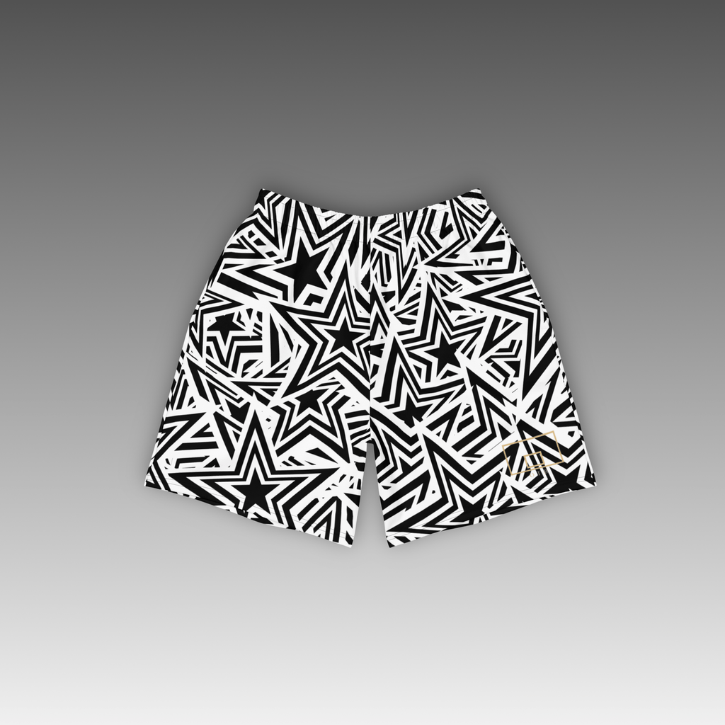 OTB All-Star Basketball Shorts - front view showcasing black shorts with basketball-inspired star pattern design, featuring lightweight performance fabric and comfortable athletic fit for basketball players