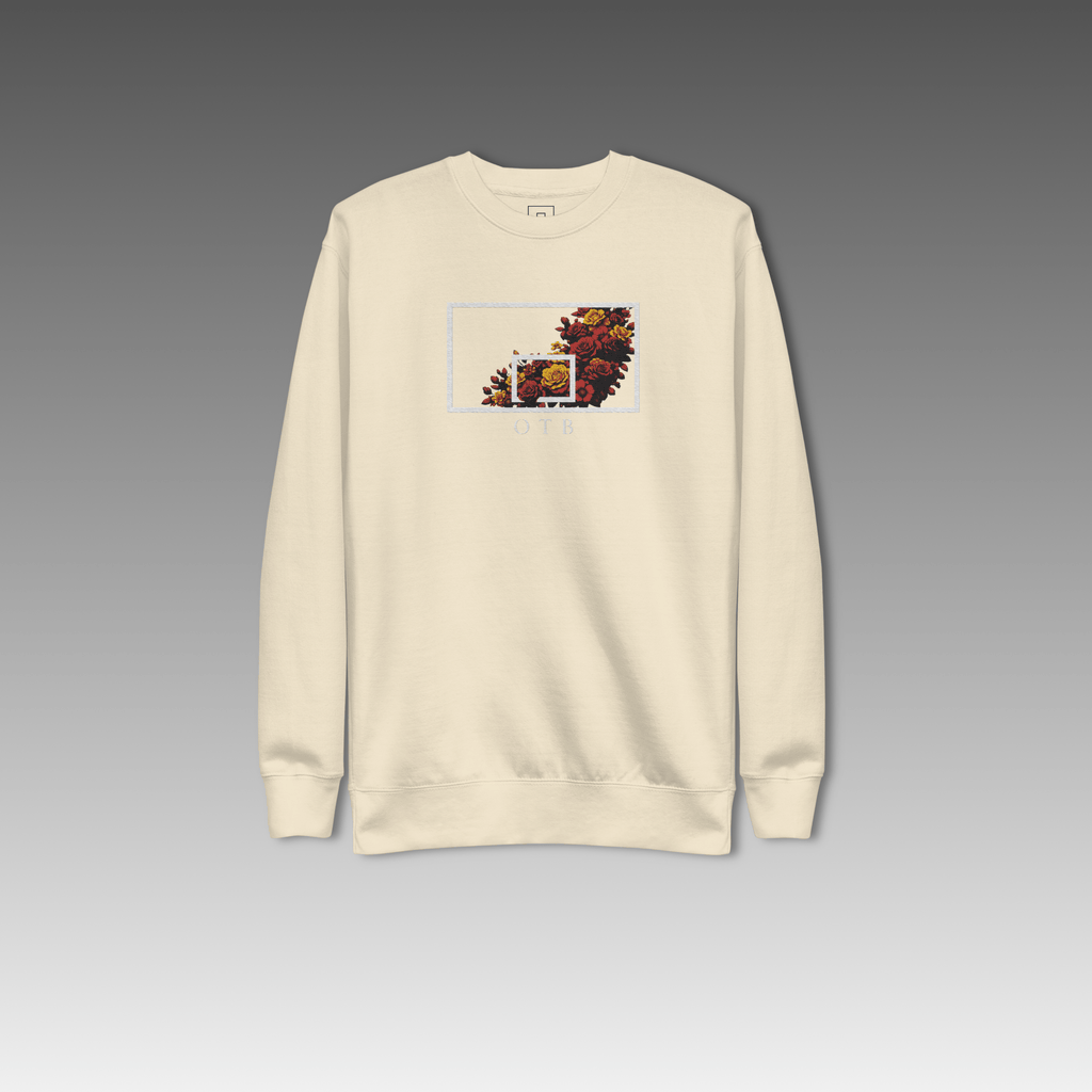 OTB Embroidered Sweatshirt in Floral Burst Large Design - front view showcasing premium sweatshirt with large embroidered floral burst graphics, featuring high-quality embroidery work and comfortable crew neck