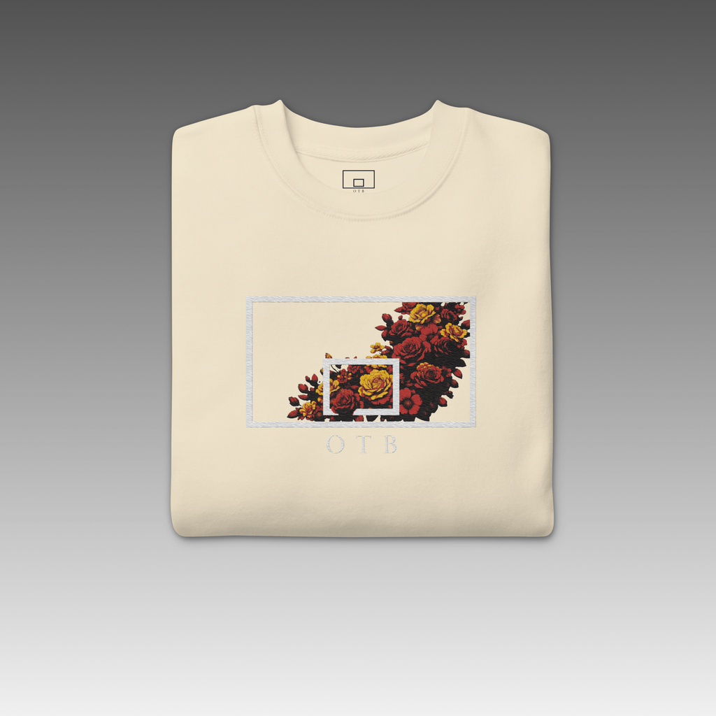 OTB Embroidered Sweatshirt in Floral Burst Large Design - close-up view highlighting the intricate embroidered floral burst details and premium stitching quality