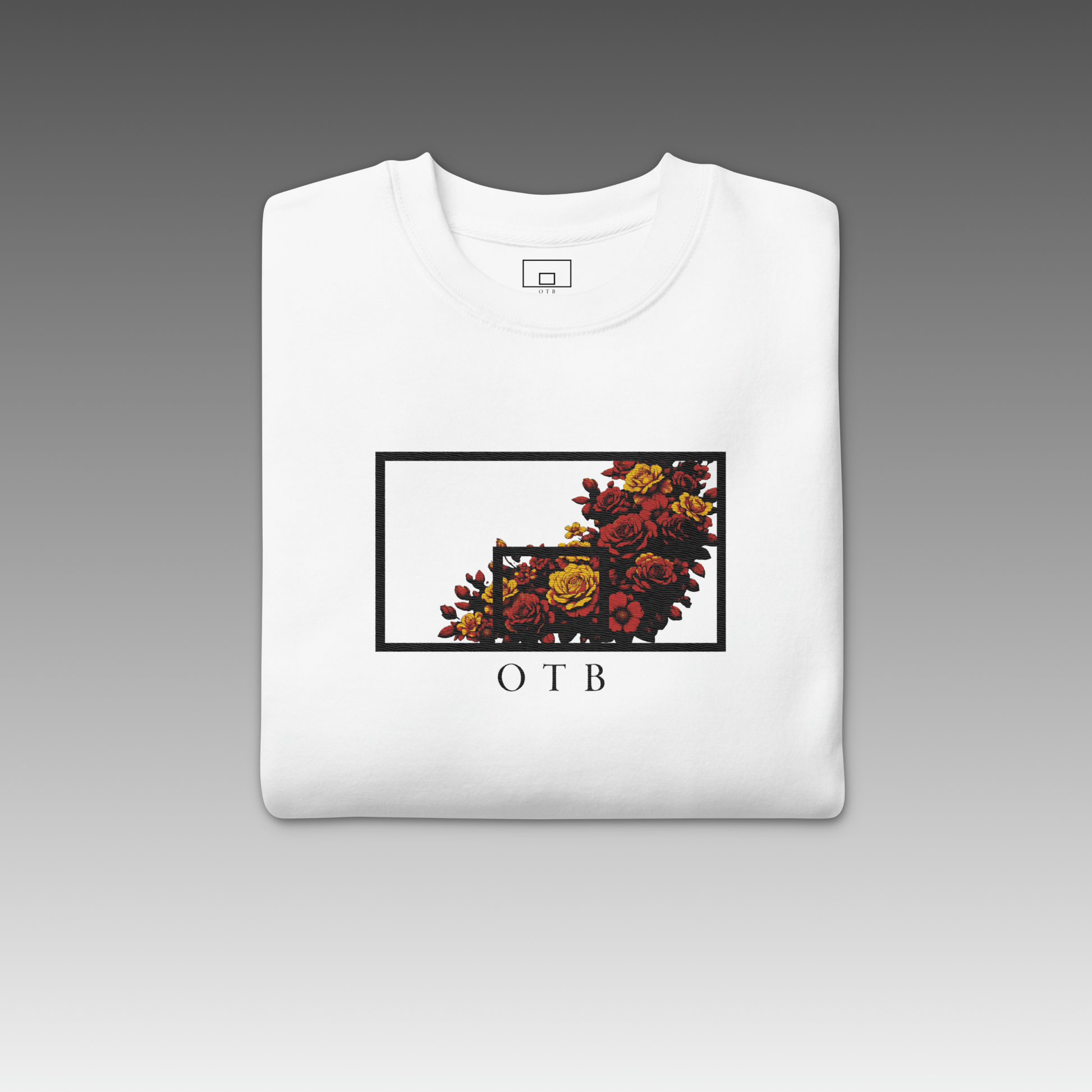 OTB Embroidered Sweatshirt in Floral Burst Large Design - front view showcasing premium sweatshirt with large embroidered floral burst graphics, featuring high-quality embroidery work and comfortable crew neck