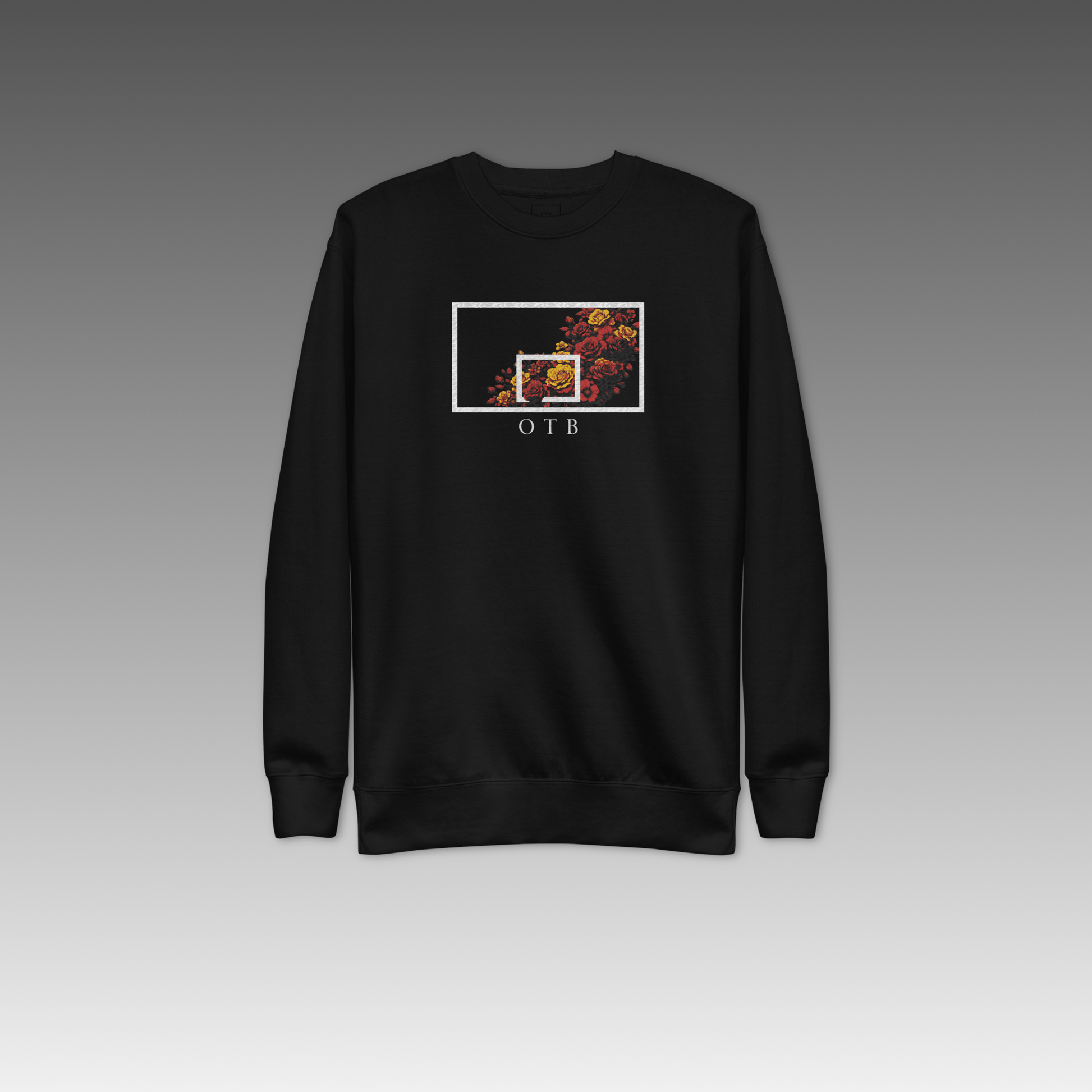 OTB Embroidered Sweatshirt in Floral Burst Large Design - front view showcasing premium sweatshirt with large embroidered floral burst graphics, featuring high-quality embroidery work and comfortable crew neck