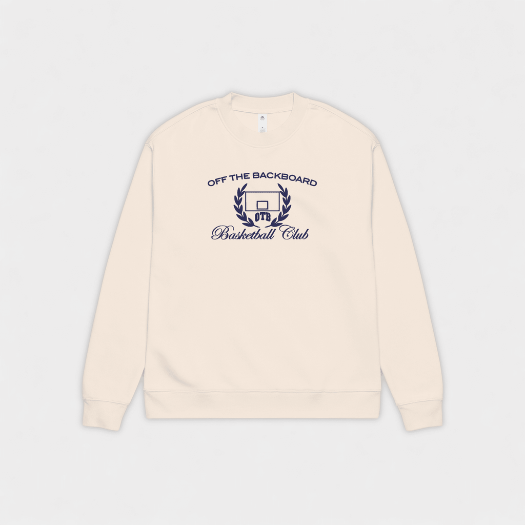 Beige sweatshirt with 'Off The Backboard Basketball Club' text on a light gray background