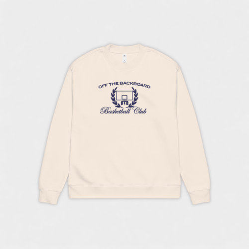 Beige sweatshirt with 'Off The Backboard Basketball Club' text on a light gray background