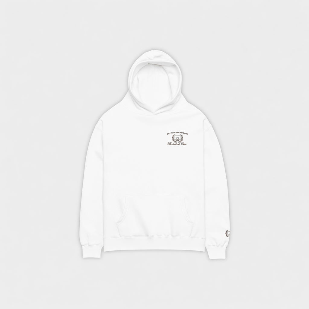 White hoodie with a small OTB logo on a light gray background