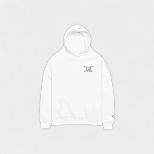 White hoodie with a small OTB logo on a light gray background