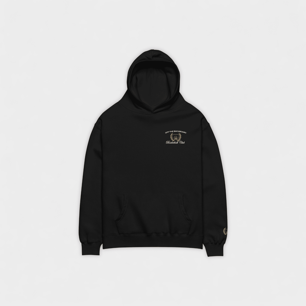 Black hoodie with a small OTB logo on the chest against a white background