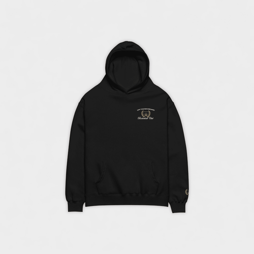 Black hoodie with a small OTB logo on the chest against a white background