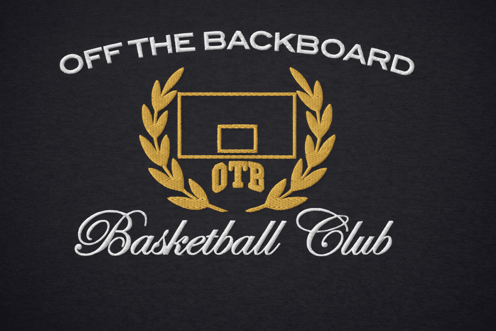 Basketball club logo with 'Off The Backboard' and 'OTB' on a dark background