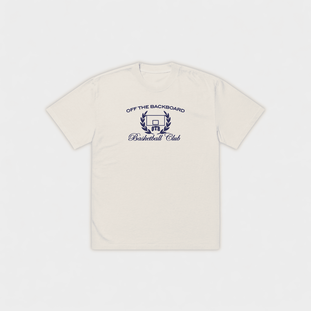 Beige t-shirt with 'Off the Backboard Basketball Club' logo on a white background
