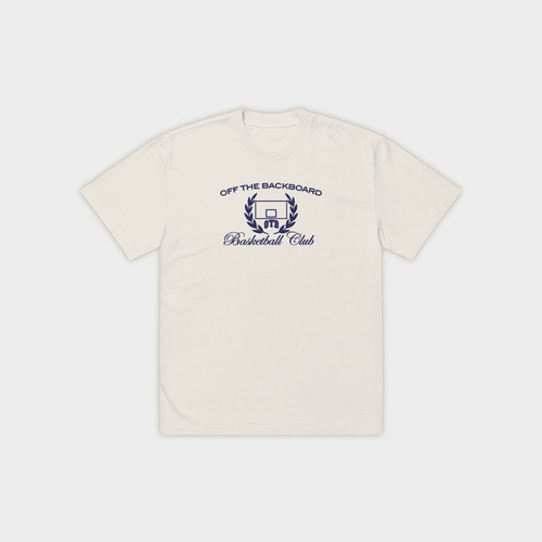Beige t-shirt with 'Off the Backboard Basketball Club' logo on a white background