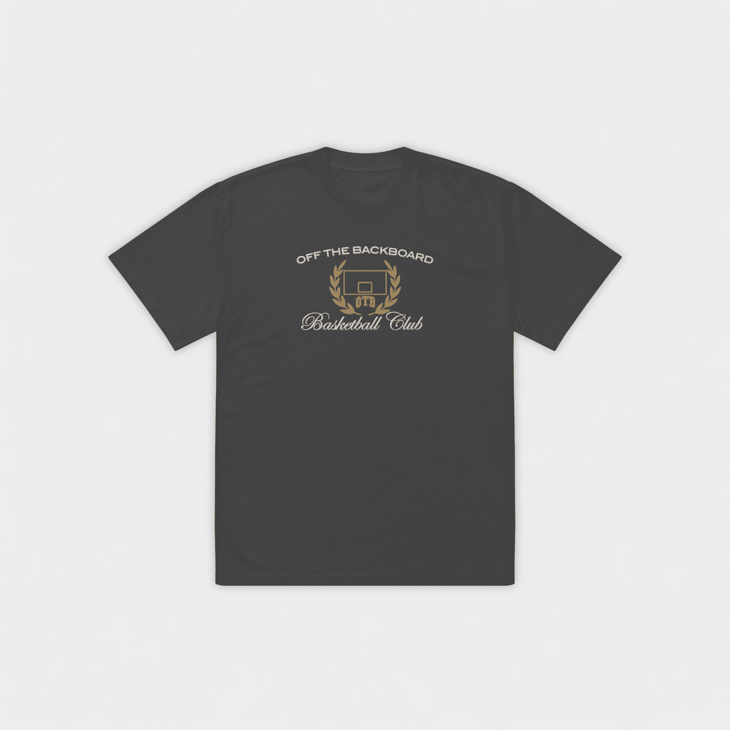 Black t-shirt with 'Off the Backboard Basketball Club' text and logo on a light gray background