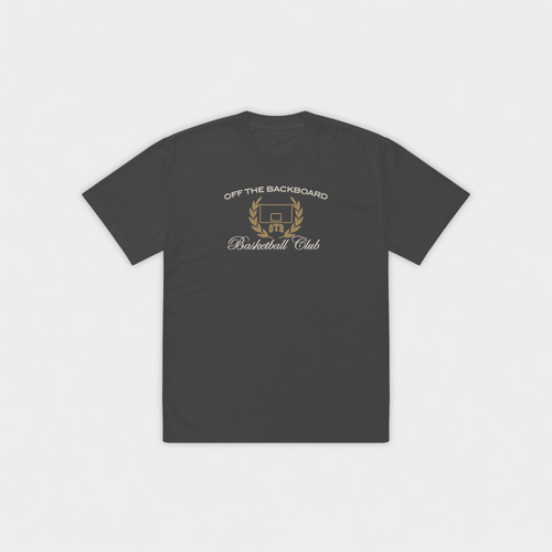 Black t-shirt with 'Off the Backboard Basketball Club' text and logo on a light gray background