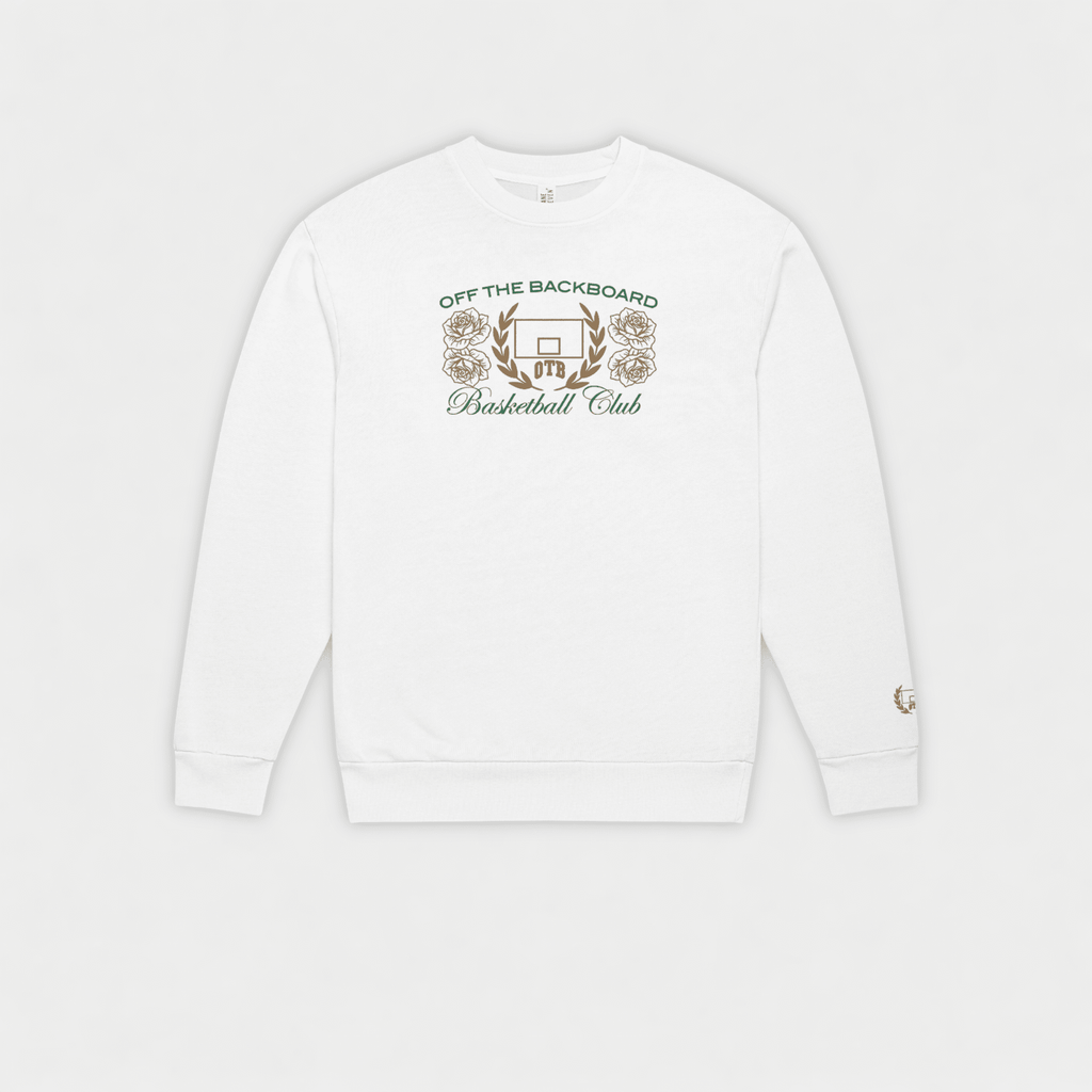 White sweatshirt with 'Off The Backboard Basketball Club' logo on a light gray background