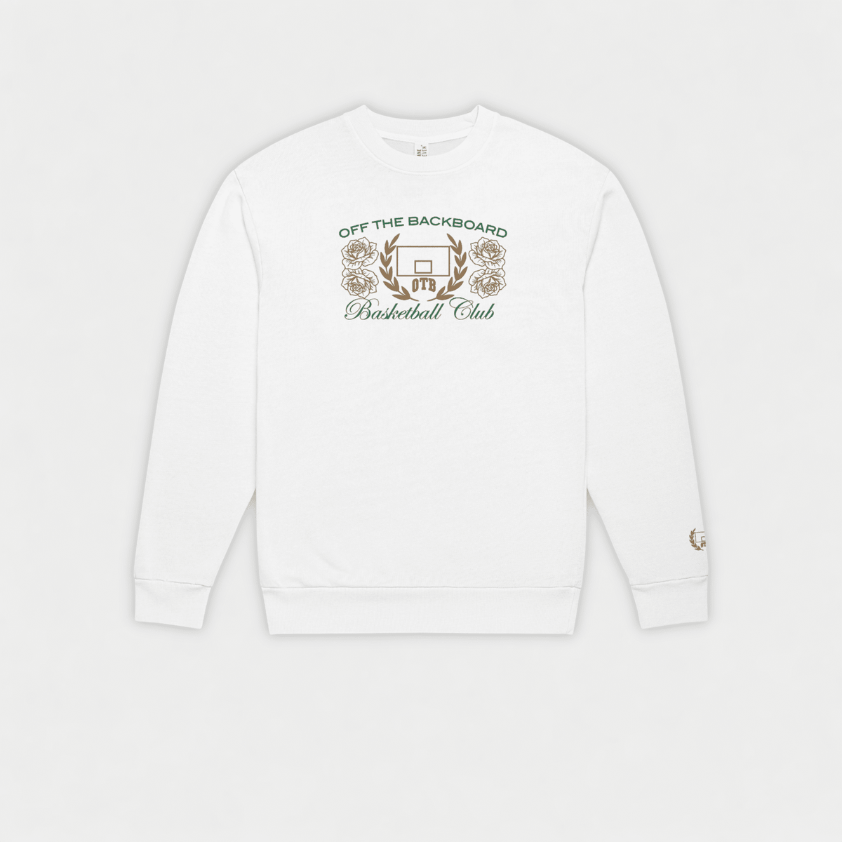 White sweatshirt with 'Off The Backboard Basketball Club' logo on a light gray background