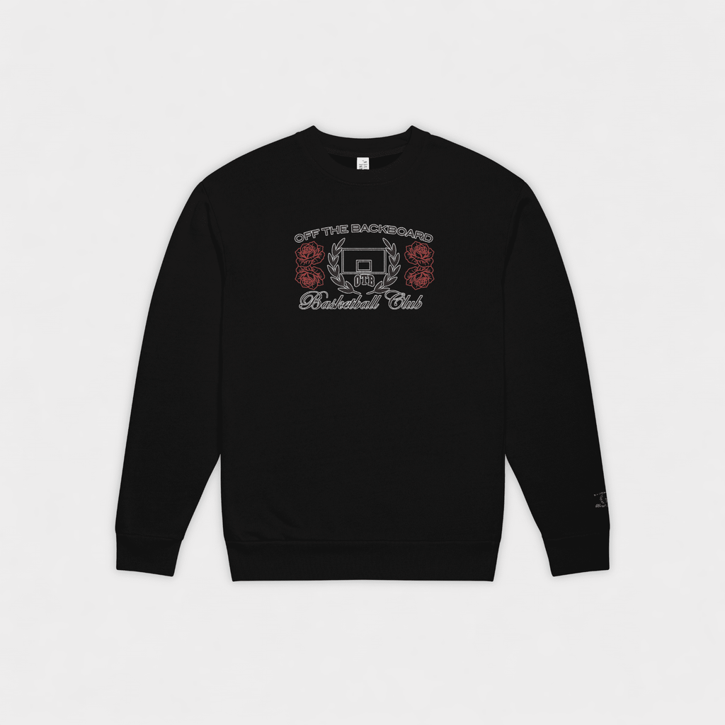 Black sweatshirt with basketball-themed design on a light gray background