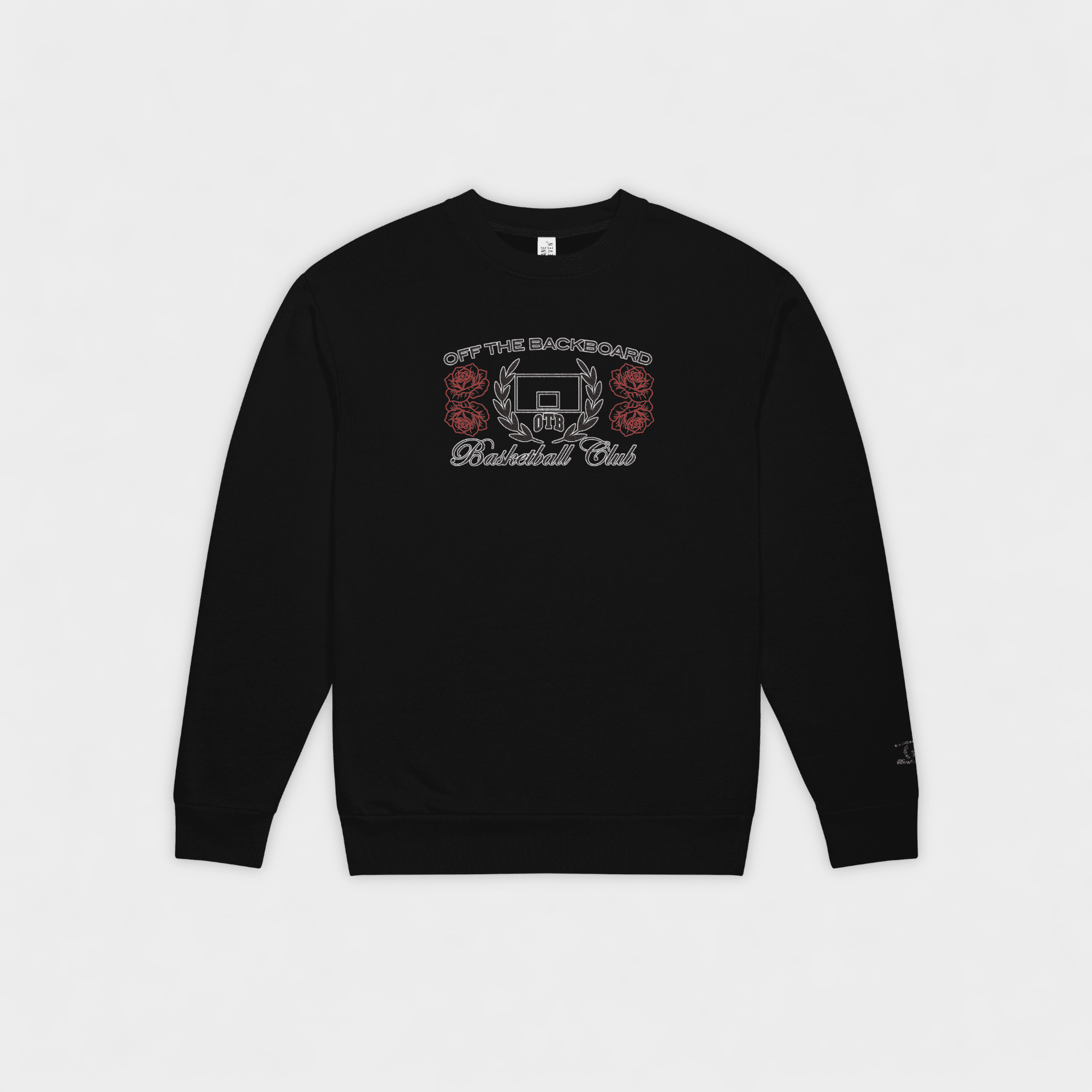 Black sweatshirt with basketball-themed design on a light gray background