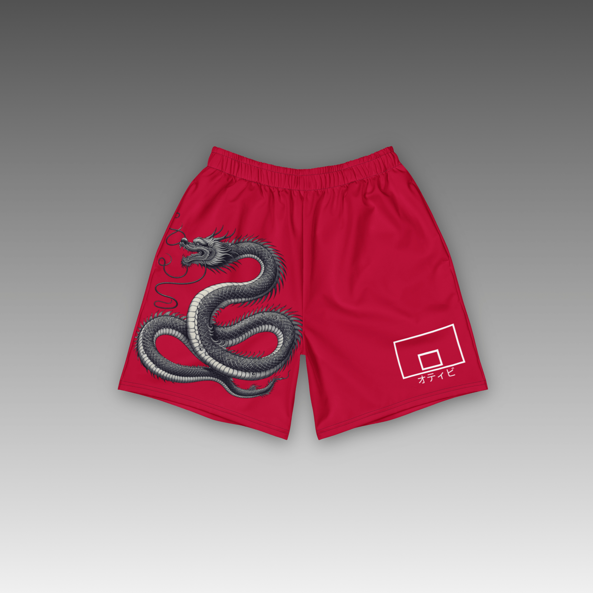 OTB Basketball Shorts in Ryuu design - front view showcasing black shorts with red Japanese dragon artwork, featuring athletic fit and premium fabric for optimal basketball performance