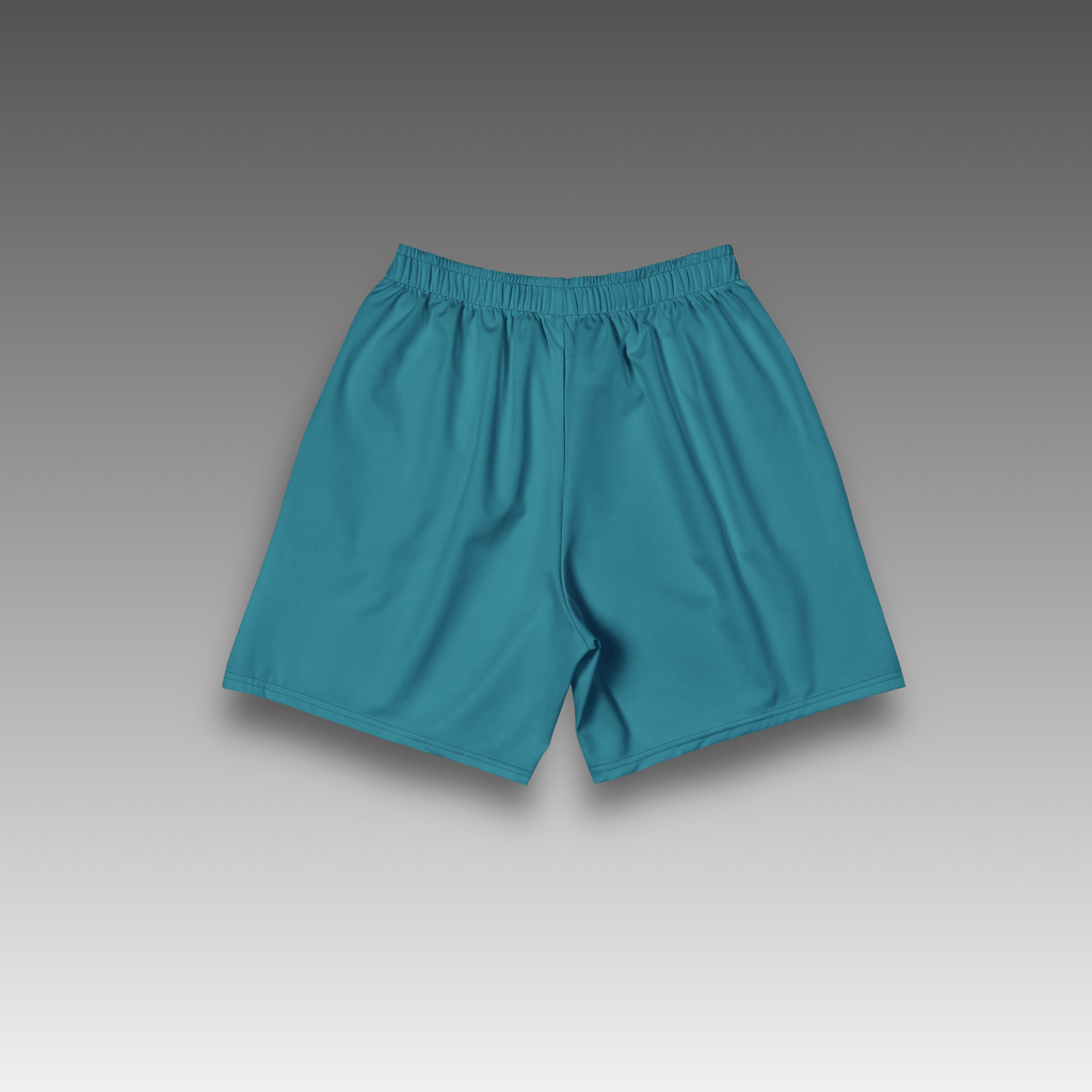 OTB Basketball Shorts in Sky Ryuu design - back view displaying the detailed Japanese-inspired dragon pattern on light blue fabric, highlighting the quality construction and basketball-ready design