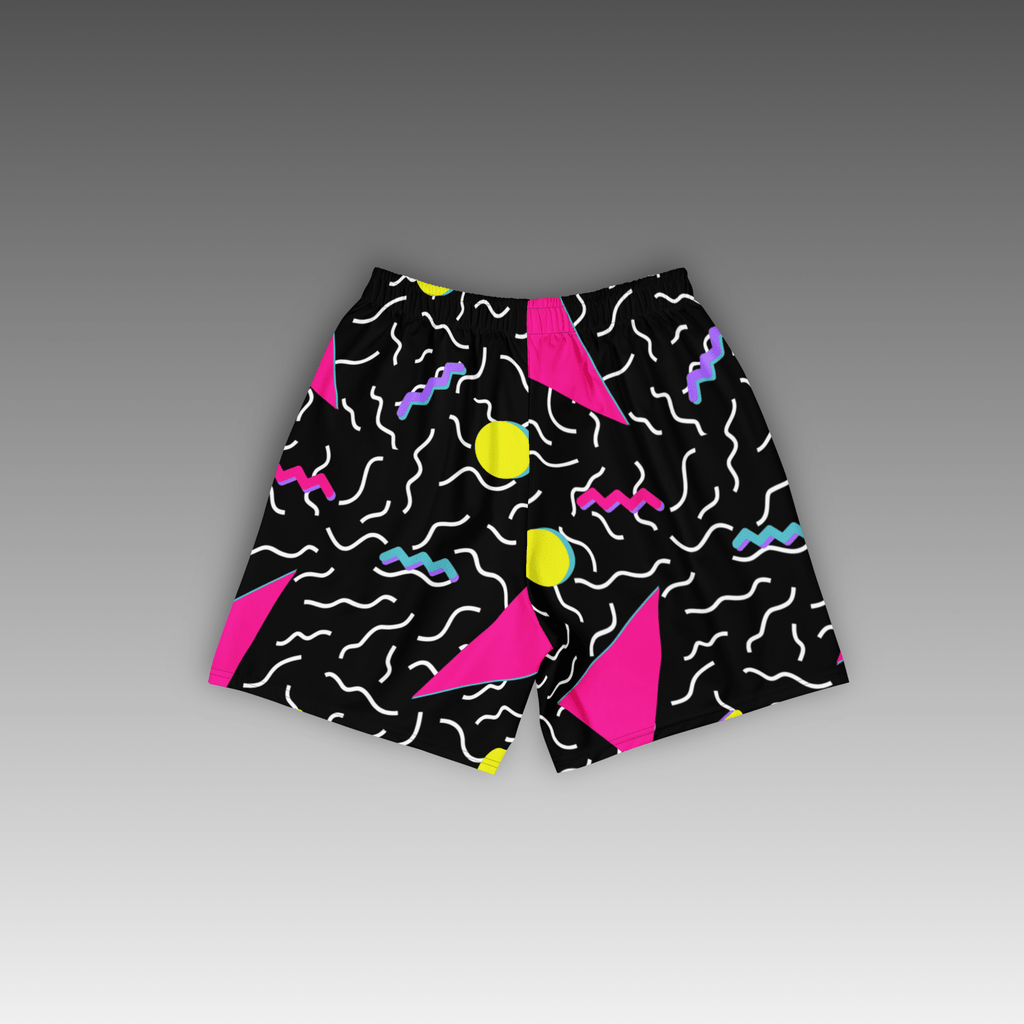 OTB Black 90s Throwback Basketball Shorts - back view displaying the colorful retro 90s geometric pattern on rich black fabric, highlighting the quality construction, elastic waistband, and basketball-ready design