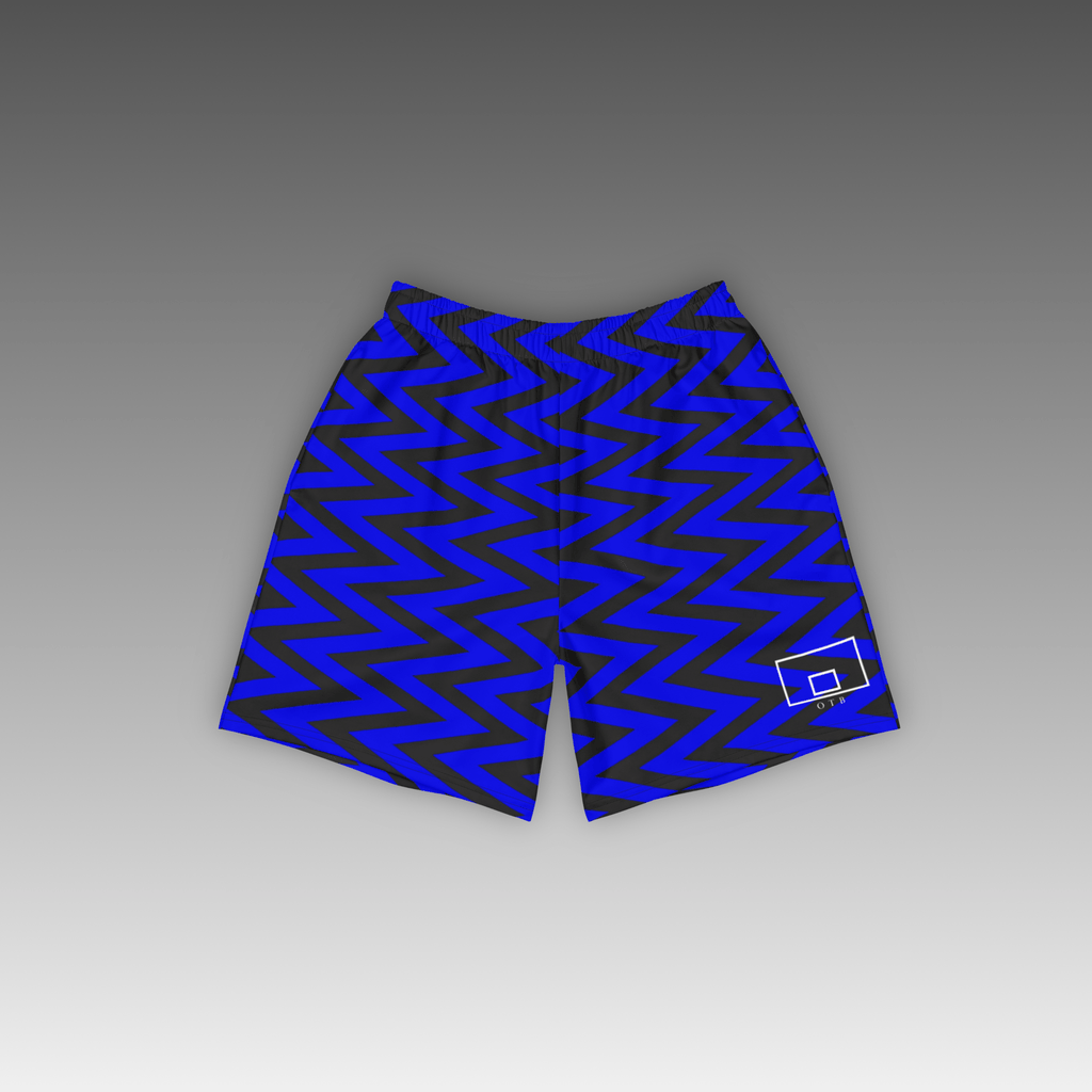 OTB Blue Chevron Basketball Shorts - front view showcasing vibrant blue shorts with dynamic chevron pattern design, featuring lightweight performance fabric and comfortable athletic fit for basketball players