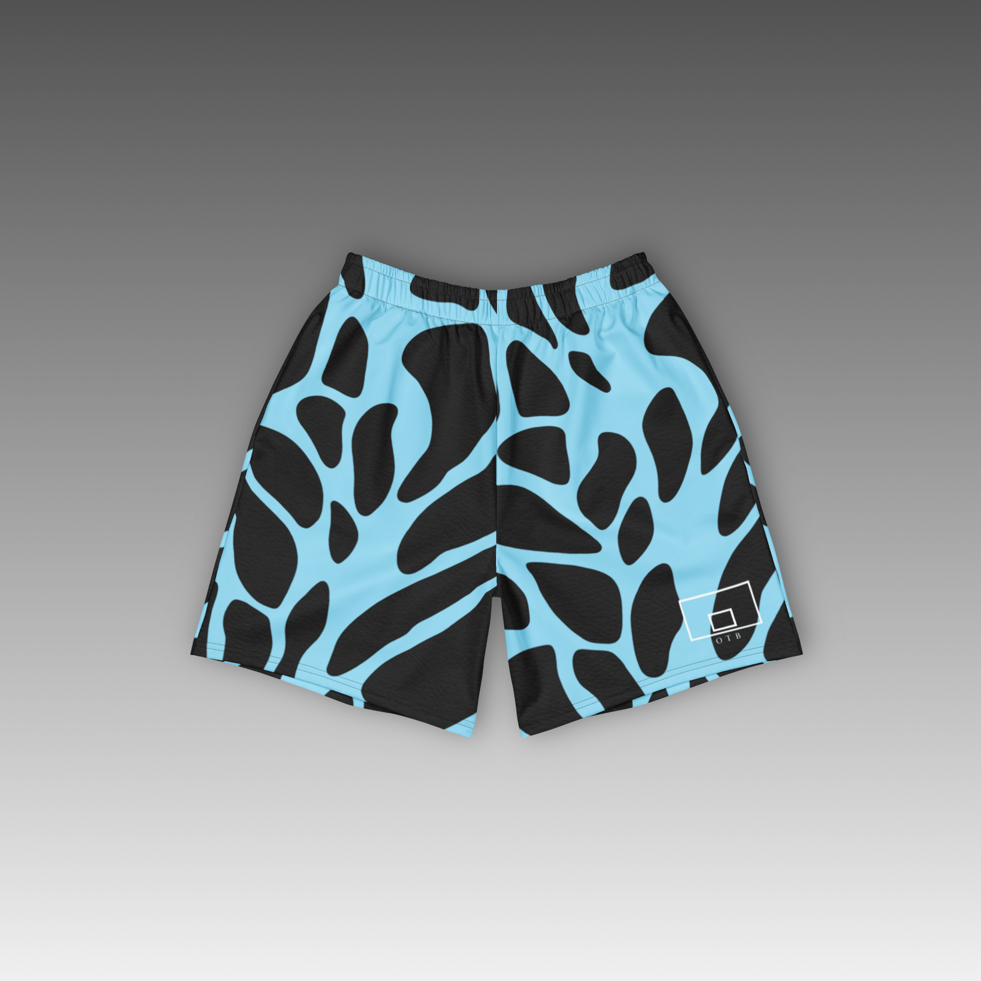 OTB Giraffe Basketball Shorts in Sky Blue - front view showcasing light blue shorts with giraffe print pattern, featuring lightweight performance fabric and comfortable athletic fit for basketball players