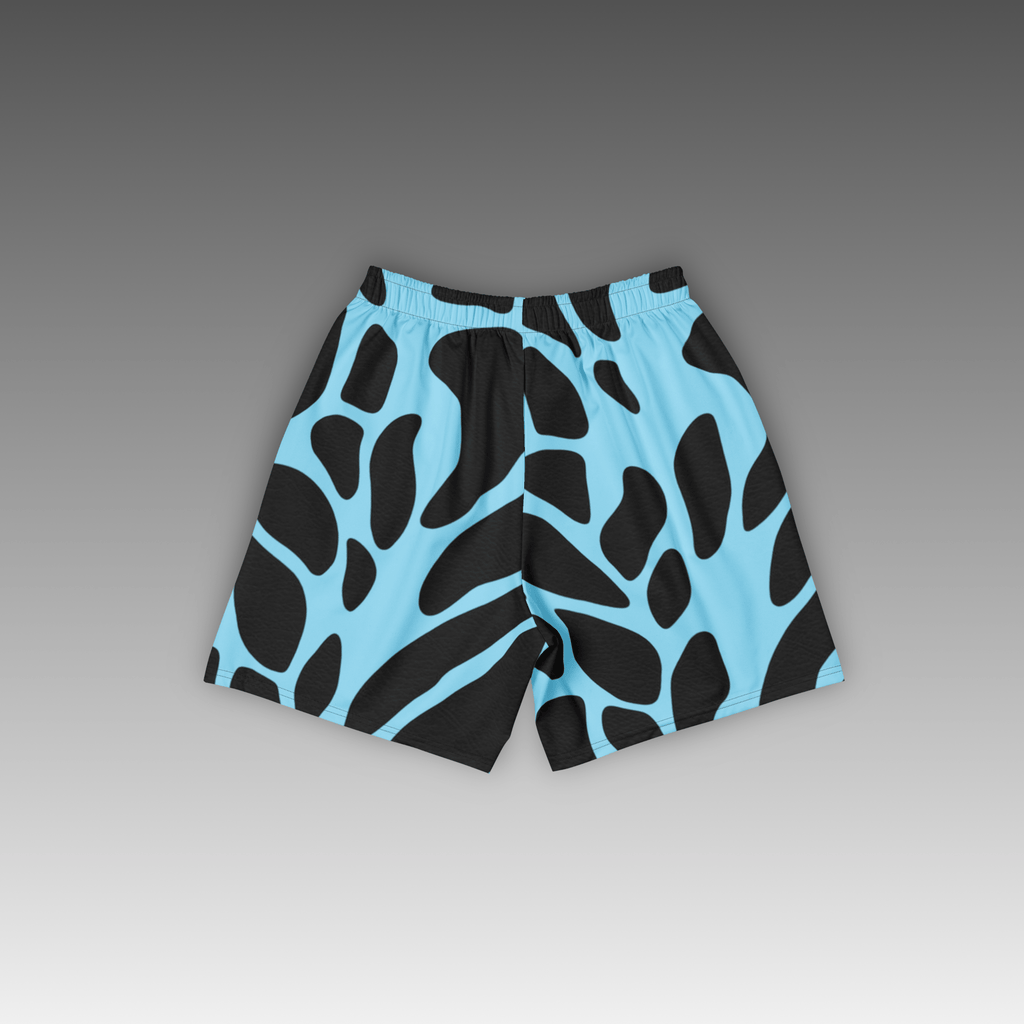 OTB Giraffe Basketball Shorts in Sky Blue - back view displaying the detailed giraffe print pattern on sky blue fabric, highlighting the quality construction, elastic waistband, and basketball-ready design