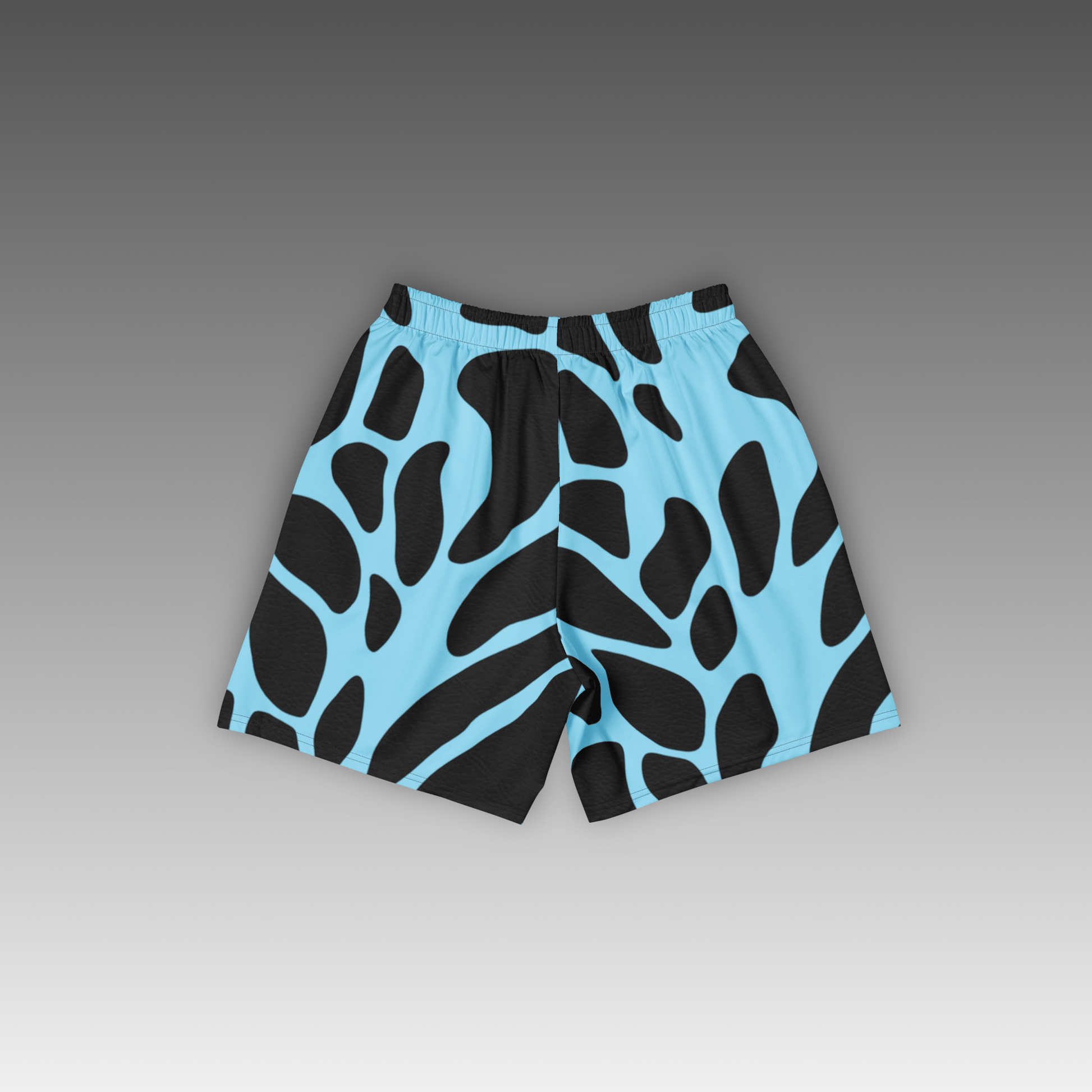 OTB Giraffe Basketball Shorts in Sky Blue - back view displaying the detailed giraffe print pattern on sky blue fabric, highlighting the quality construction, elastic waistband, and basketball-ready design