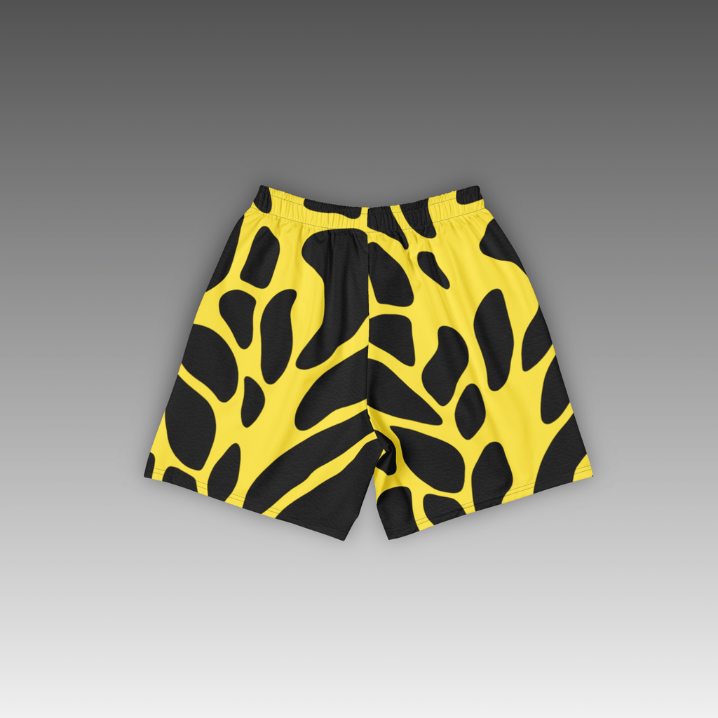 OTB Giraffe Basketball Shorts in Yellow - back view displaying the detailed giraffe print pattern on vibrant yellow fabric, highlighting the quality construction, elastic waistband, and basketball-ready design