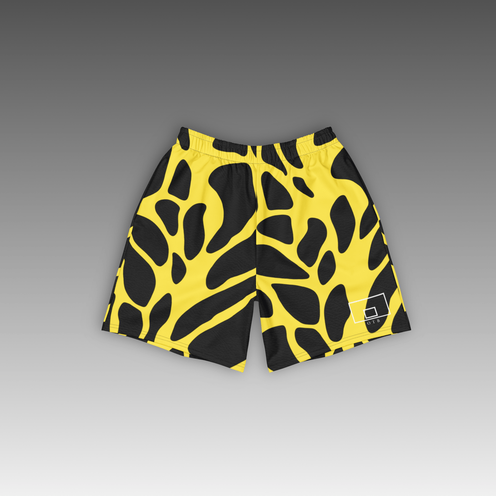 OTB Giraffe Basketball Shorts in Yellow - front view showcasing bright yellow shorts with giraffe print pattern, featuring lightweight performance fabric and comfortable athletic fit for basketball players