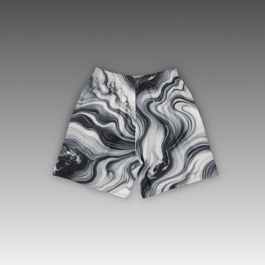 OTB Granite Basketball Shorts - back view displaying the detailed granite stone texture pattern on gray fabric, highlighting the quality construction, elastic waistband, and basketball-ready design